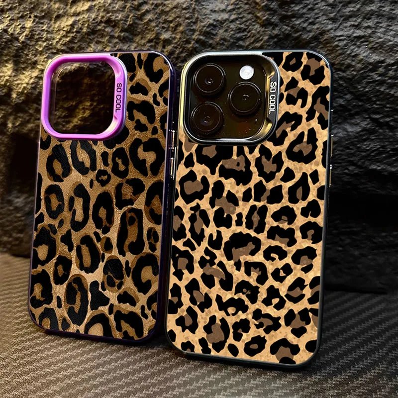 Brown Leopard Anti-drop Armour Phone Case For iPhone 15 Pro Max 15 14 13 12 11 Pro X XR XS 7 8 Plus Lens protect plating Cover