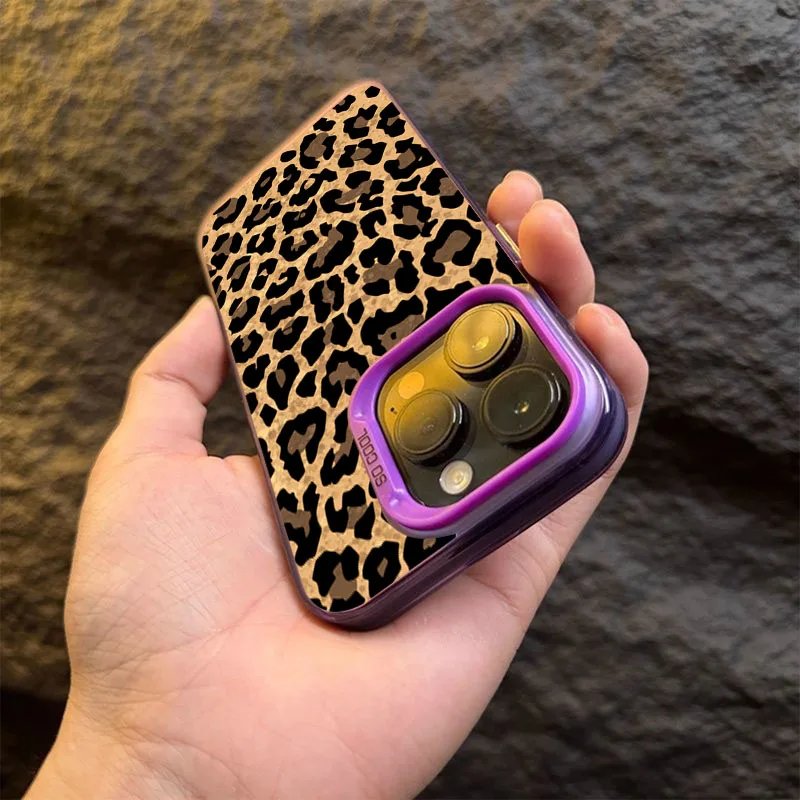 Brown Leopard Anti-drop Armour Phone Case For iPhone 15 Pro Max 15 14 13 12 11 Pro X XR XS 7 8 Plus Lens protect plating Cover