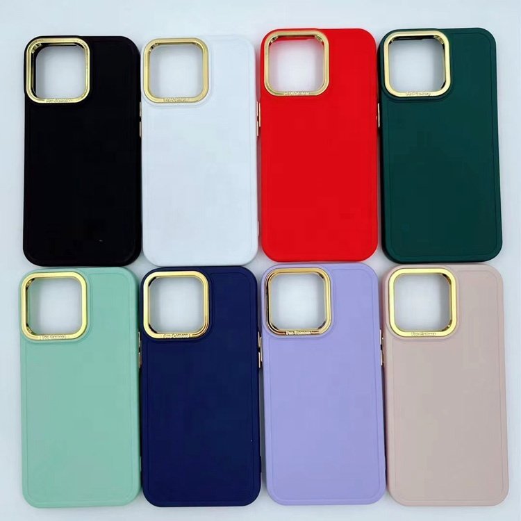 luxury fashion gold metal large hole lens camera frame solid color soft tpu mobile phone case for iphone 15 14 13 12 11 pro max