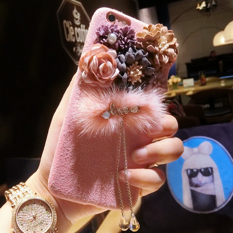 Fashional DIY furry flowers PC mobile phone case for iphone 6 plus 6s plus