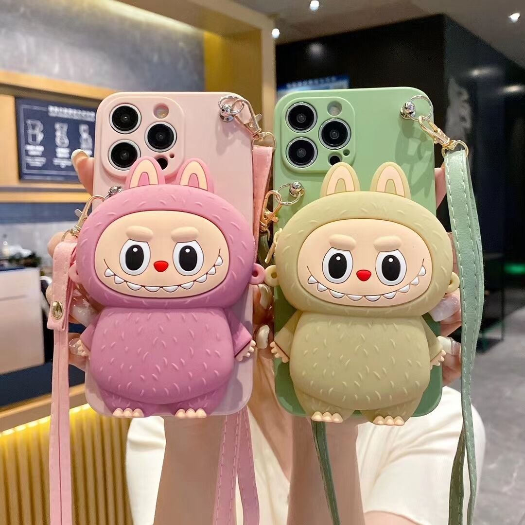 Cartoon coin purse For iPhone16pro phone case cute Labubu15promax silicone 12/13 girls diagonal case 14