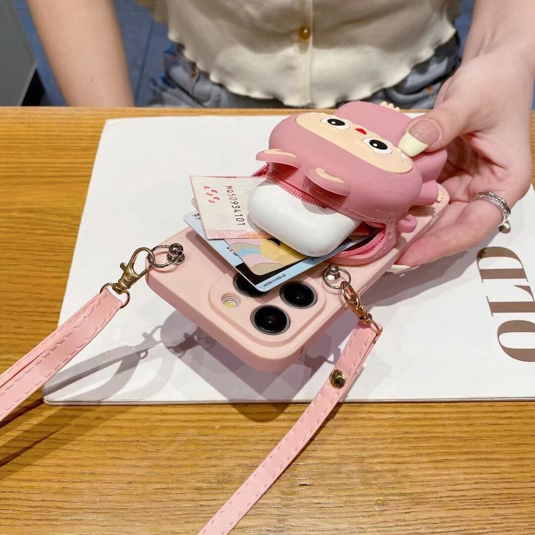 Cartoon coin purse For iPhone16pro phone case cute Labubu15promax silicone 12/13 girls diagonal case 14