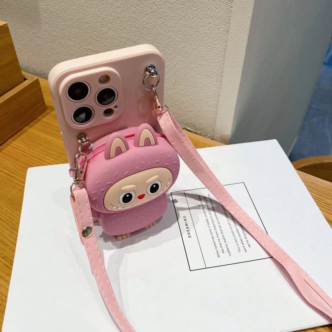 Cartoon coin purse For iPhone16pro phone case cute Labubu15promax silicone 12/13 girls diagonal case 14