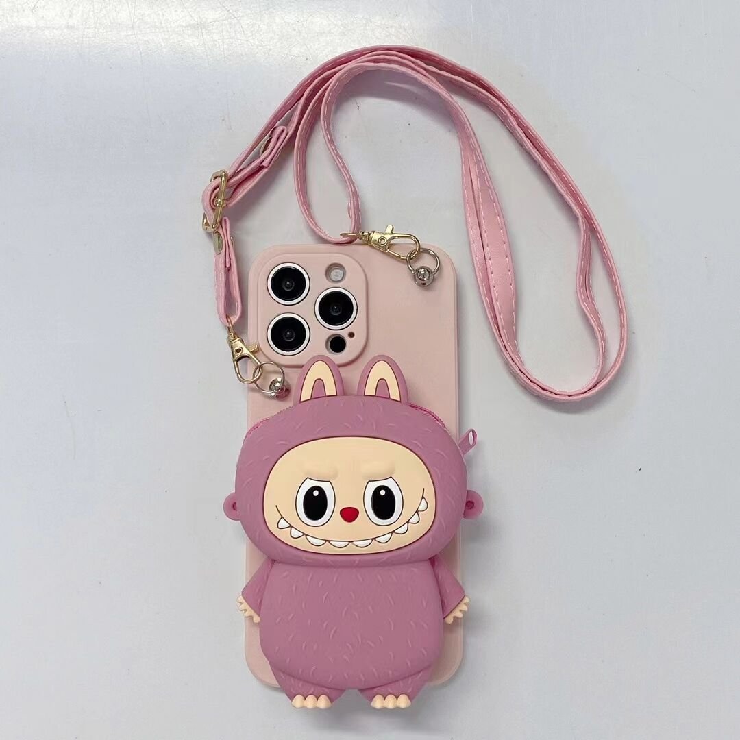 Cartoon coin purse For iPhone16pro phone case cute Labubu15promax silicone 12/13 girls diagonal case 14