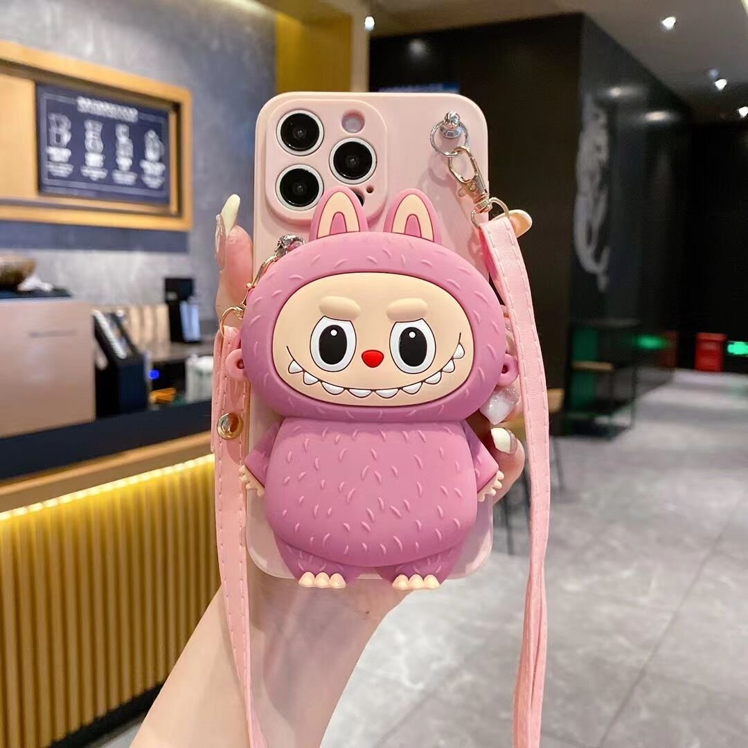 Cartoon coin purse For iPhone16pro phone case cute Labubu15promax silicone 12/13 girls diagonal case 14