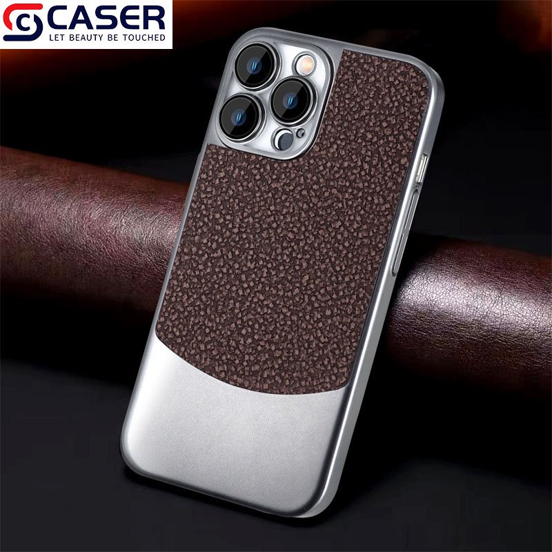 Business Rock Pattern Leather Titanium Metal Splicing Cell Phone Case Lens Protective Film Mobile Phone Case For Iphone 16 15
