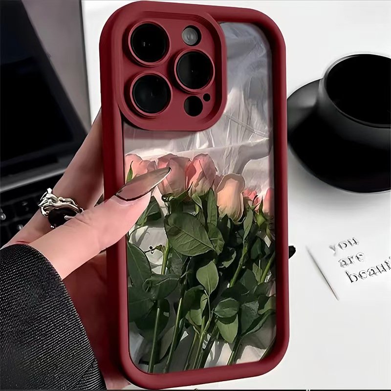 2024 New Trendy Pink Rose TPU Soft Phone Case for iphone 11 12 13 14 15 plus 16 Pro Max 7 8 plus XS MAX XR X phone pouch