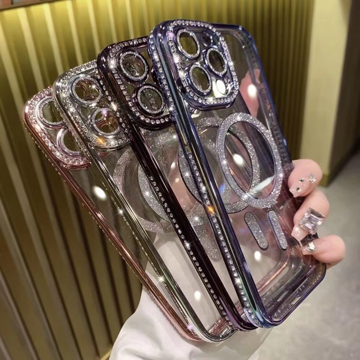 Gold Glitter Magnetic Diamond mobile phone cases for iphones 15 pro max 16 14 Pro/13/12 with Sealed Camera