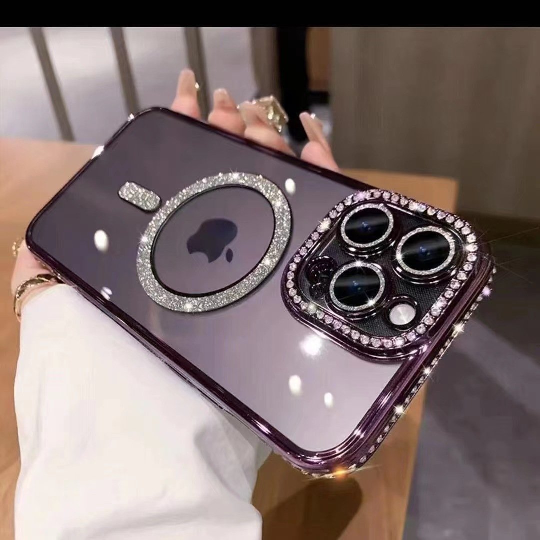 Gold Glitter Magnetic Diamond mobile phone cases for iphones 15 pro max 16 14 Pro/13/12 with Sealed Camera
