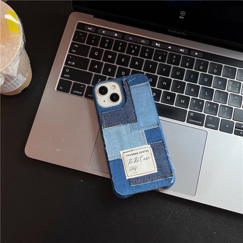 Retro Ins Cute Denim Canvas Splicing Y2k Blue Red-Brown Phone Case For iPhone 14 13 12 11 Pro Max Shockproof Soft Cover 16