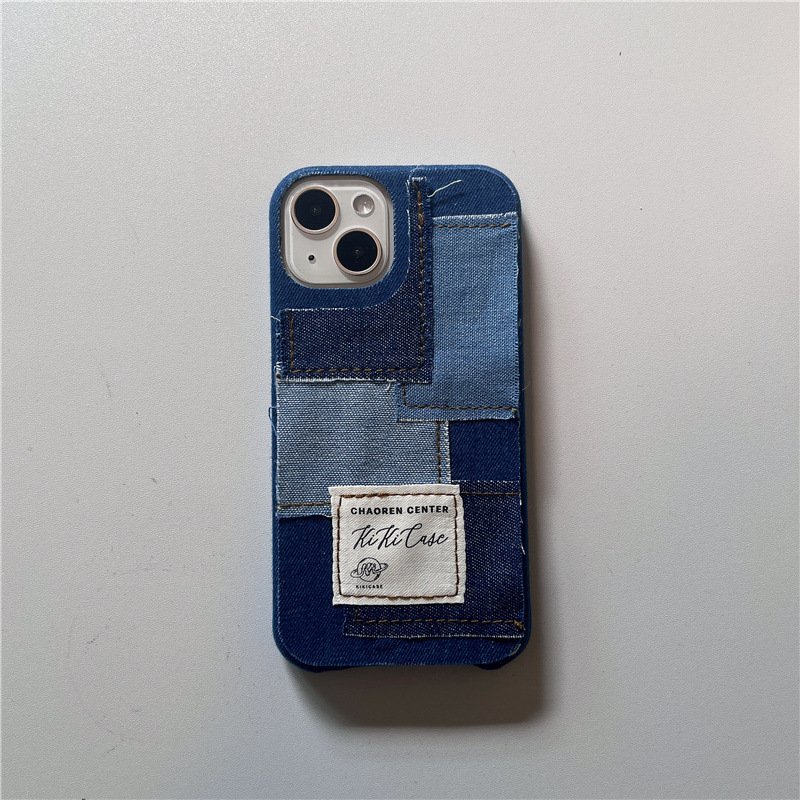 Retro Ins Cute Denim Canvas Splicing Y2k Blue Red-Brown Phone Case For iPhone 14 13 12 11 Pro Max Shockproof Soft Cover 16