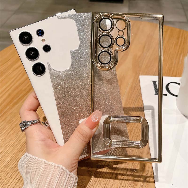 Gradient Glitter Logo Hole Plating Case For Samsung S24 A54 A53 A52S S23 Ultra S22 Ultra S21 S20 FE A13 A32 A12 Cover