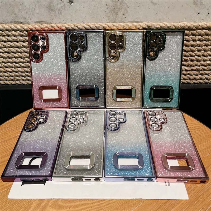 Gradient Glitter Logo Hole Plating Case For Samsung S24 A54 A53 A52S S23 Ultra S22 Ultra S21 S20 FE A13 A32 A12 Cover
