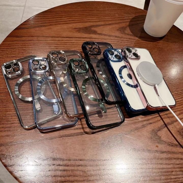 Luxury electroplate Magnetic Charging Transparent Phone Case For iPhone 16 15 14 plus 13 12 Pro max Cover For Samsung S24