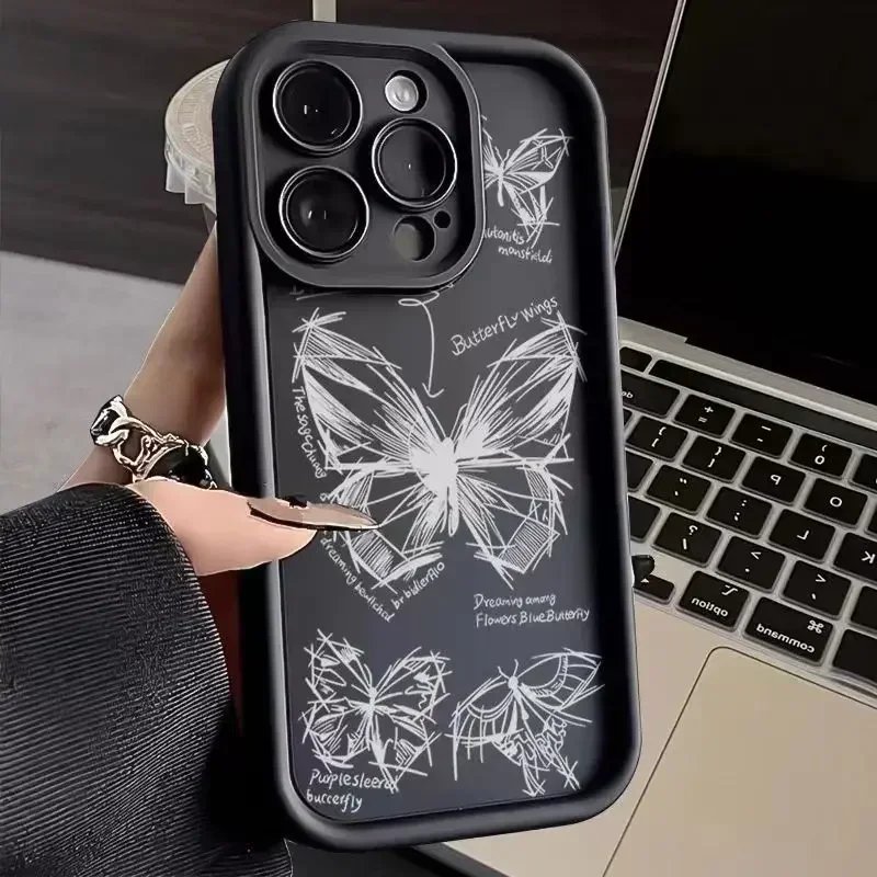 Sketch Lines Butterfly Silicone Phone Case For IPhone 15 Pro Max Cases IPhone 11 12 13 14 Pro Max Mini X XS XR 7 8 SE Soft Cover