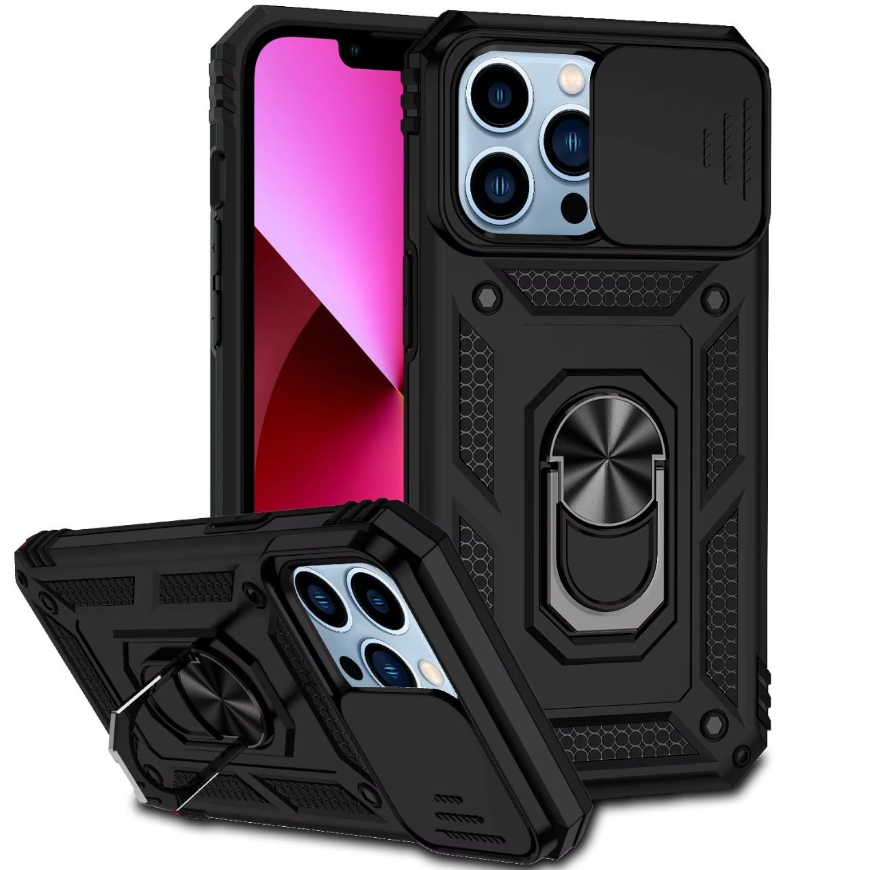 2 In 1 Hybrid Anti-drop Lens Coverage Cases Durable Metal Finger Ring Holder Kickstand Mobile Phone Case Accessories