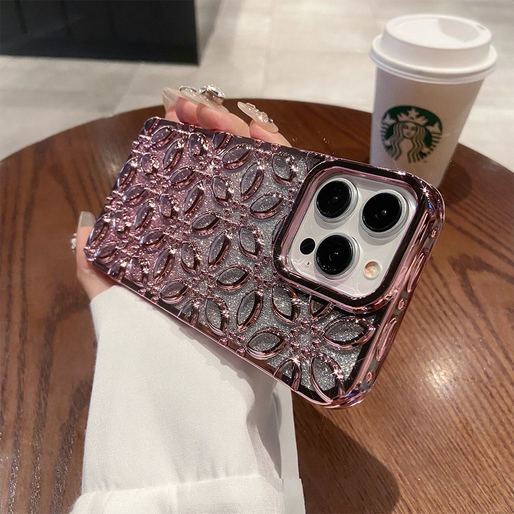 Fashion Flowers Design Glitter Phone Case for iPhone 15 Pro Max 14 13 12 Color Plating TPU Transparent Back Mobile Cover