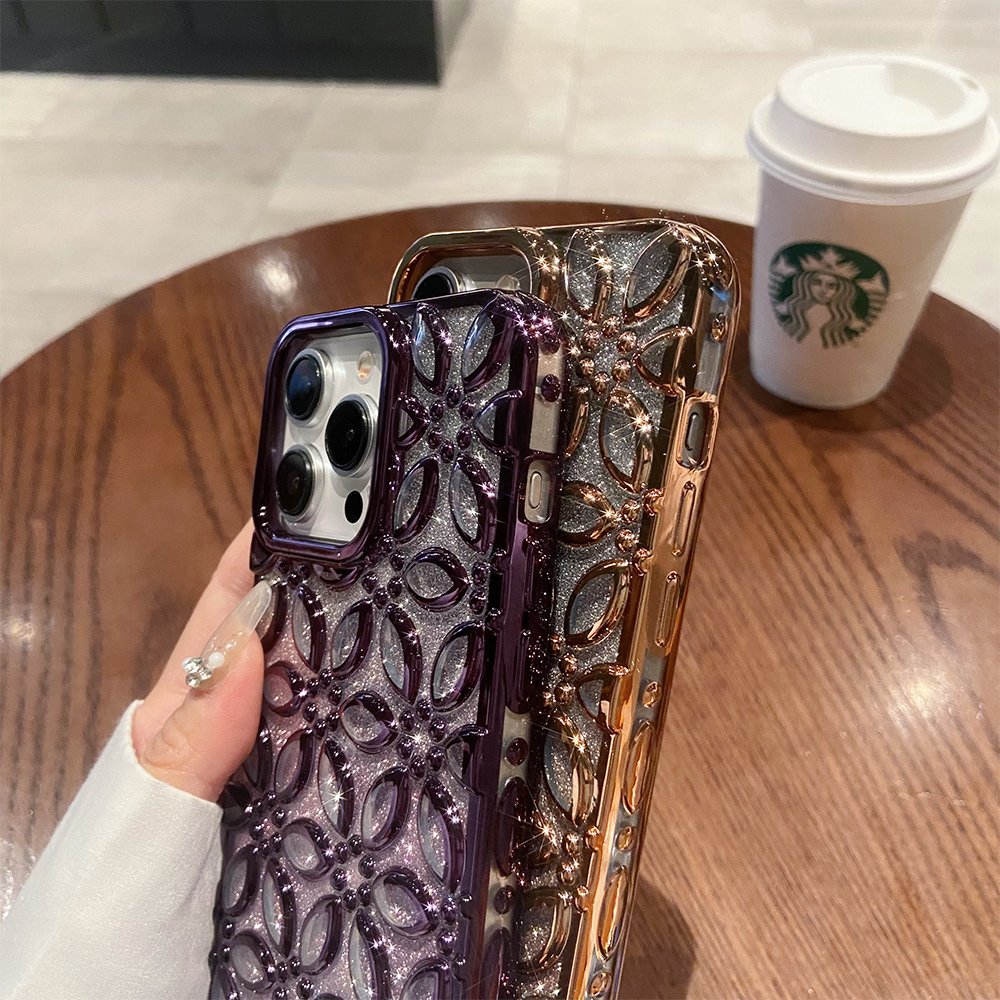 Fashion Flowers Design Glitter Phone Case for iPhone 15 Pro Max 14 13 12 Color Plating TPU Transparent Back Mobile Cover