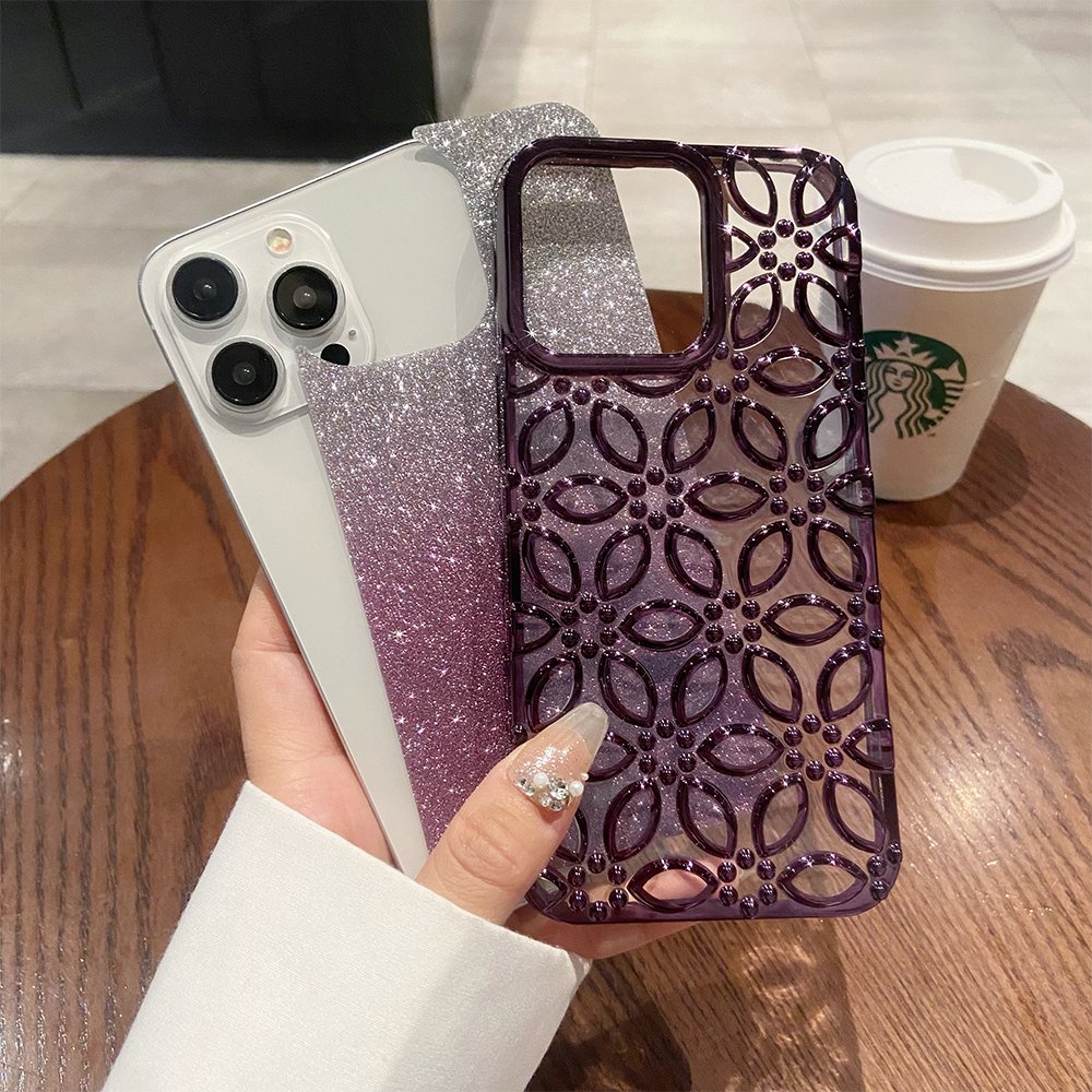 Fashion Flowers Design Glitter Phone Case for iPhone 15 Pro Max 14 13 12 Color Plating TPU Transparent Back Mobile Cover