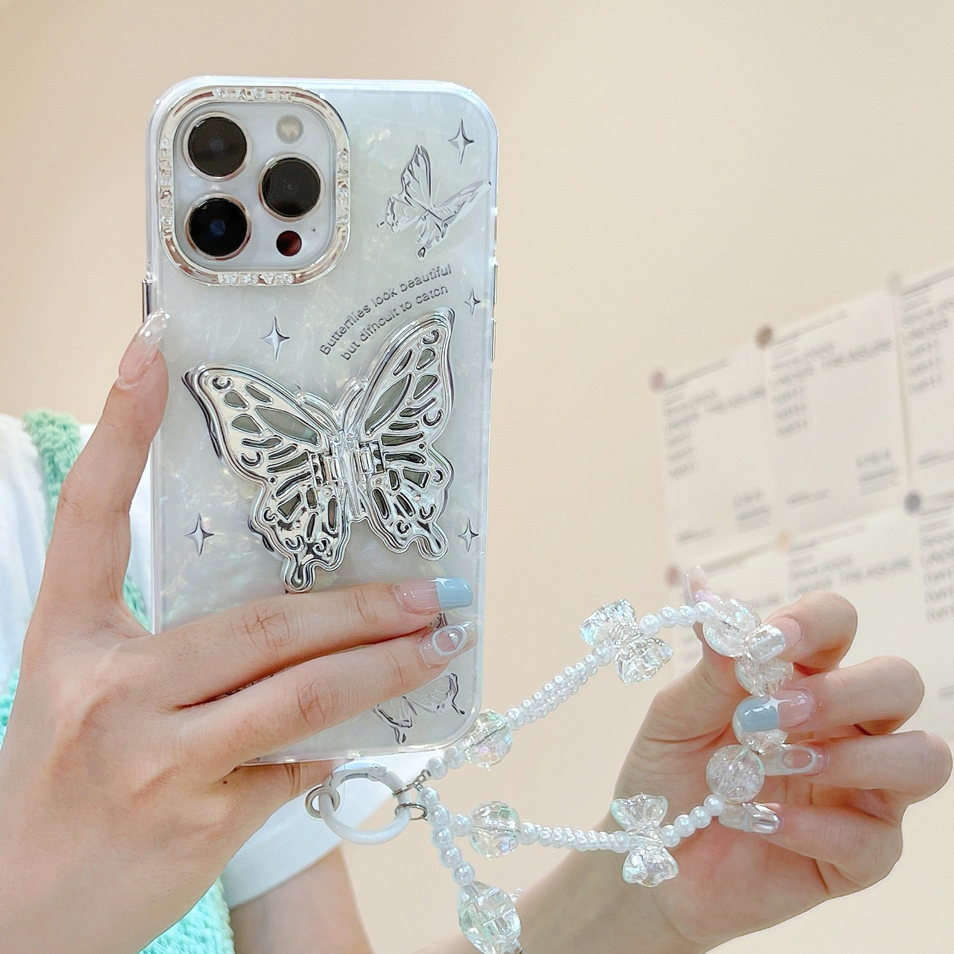 Fashion Butterfly Stand acrylic Mobile Phone Case For iPhone 15 14 13 12 11 Pro max chain bracelet holder Shockproof Back Cover