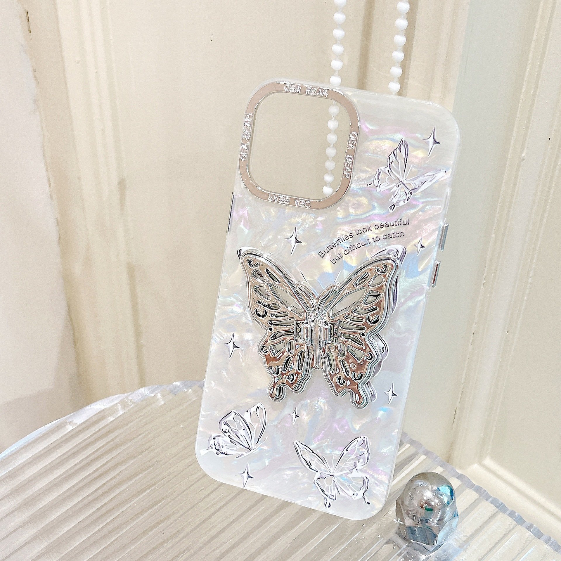 Fashion Butterfly Stand acrylic Mobile Phone Case For iPhone 15 14 13 12 11 Pro max chain bracelet holder Shockproof Back Cover