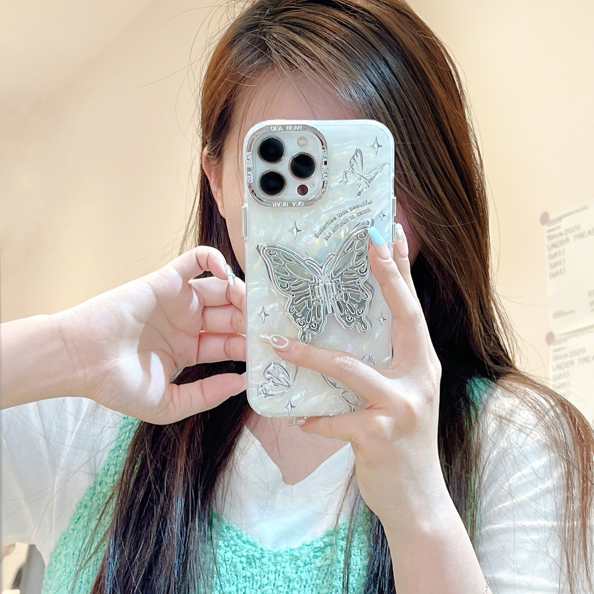 Fashion Butterfly Stand acrylic Mobile Phone Case For iPhone 15 14 13 12 11 Pro max chain bracelet holder Shockproof Back Cover