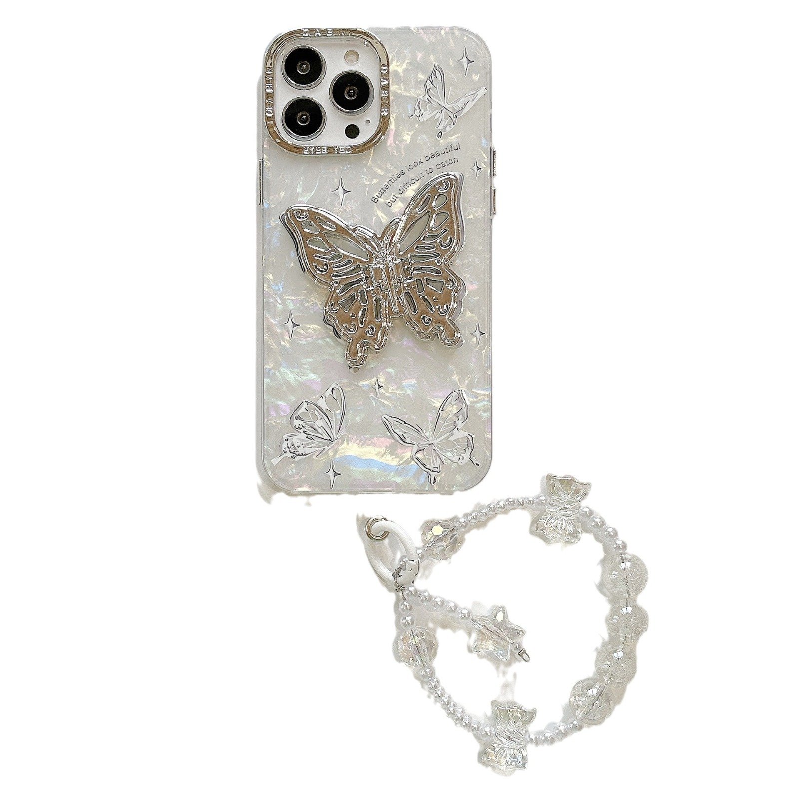 Fashion Butterfly Stand acrylic Mobile Phone Case For iPhone 15 14 13 12 11 Pro max chain bracelet holder Shockproof Back Cover