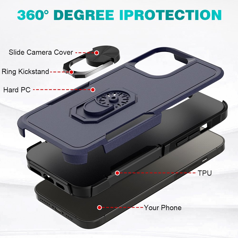 Dual Layers Plastic TPU Mobile Phone Cases For iPhone 16 15 14 13 Pro Max Magnetic Metal Ring Holder Kickstand Back Cover