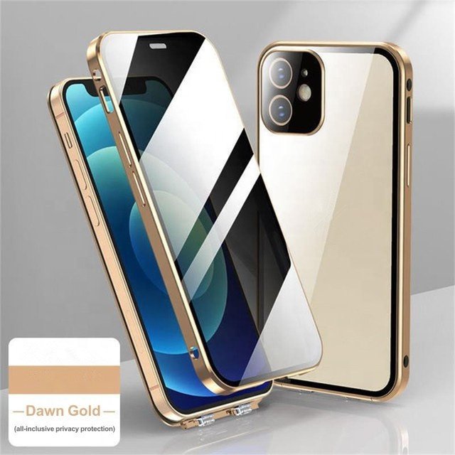 360 Full Protection Anti Peeping Privacy Double Sided Tempered Glass Metal Bumper Magnetic Case For iPhone 11 12 14 Pro Max plus