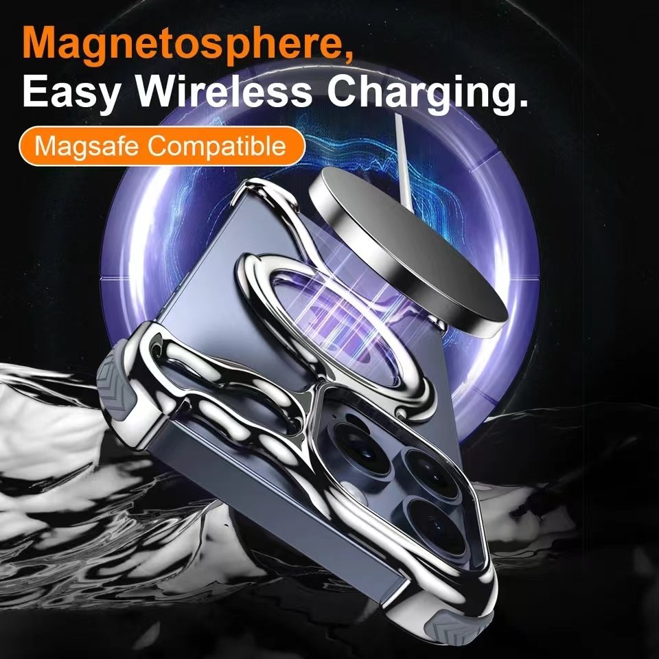 Luxury Magnetic Liquid Metallic Plating PC Cell Phone Case For iPhone 14 15 Pro Max Hollow Dissipation Case Shockproof Cover