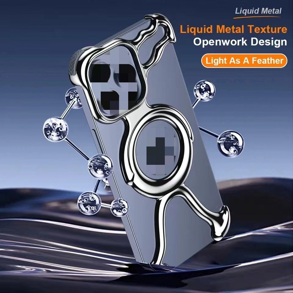Luxury Magnetic Liquid Metallic Plating PC Cell Phone Case For iPhone 14 15 Pro Max Hollow Dissipation Case Shockproof Cover
