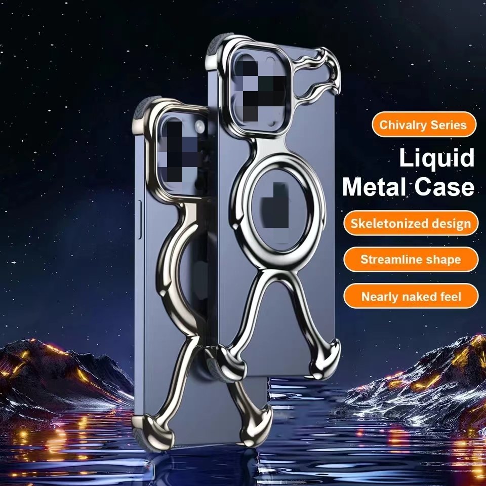 Luxury Magnetic Liquid Metallic Plating PC Cell Phone Case For iPhone 14 15 Pro Max Hollow Dissipation Case Shockproof Cover