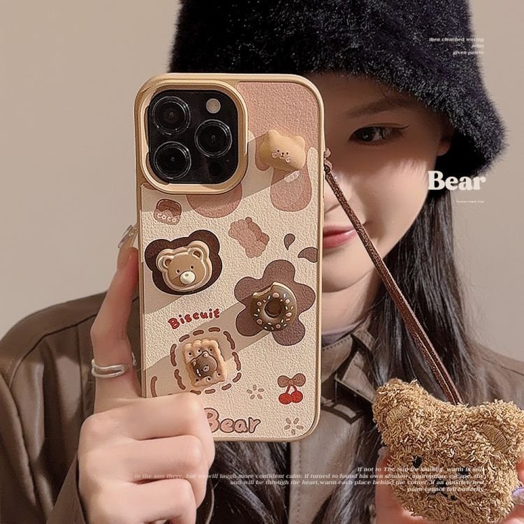 3D Cookie Bear for iPhone 15 Phone Case for 14 13 12 11 Pro Max Cute Hanging Strap Leather Hard Case