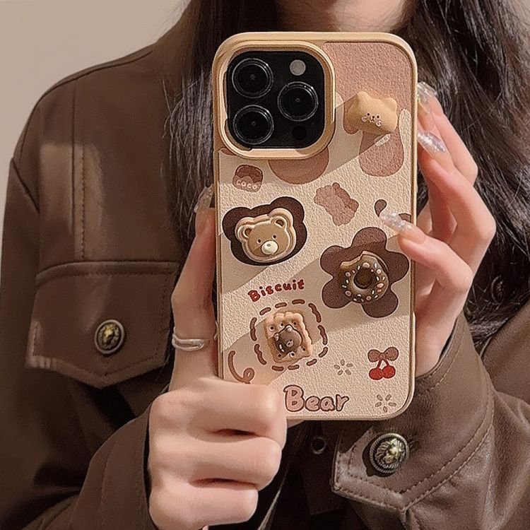 3D Cookie Bear for iPhone 15 Phone Case for 14 13 12 11 Pro Max Cute Hanging Strap Leather Hard Case