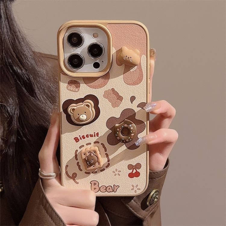 3D Cookie Bear for iPhone 15 Phone Case for 14 13 12 11 Pro Max Cute Hanging Strap Leather Hard Case