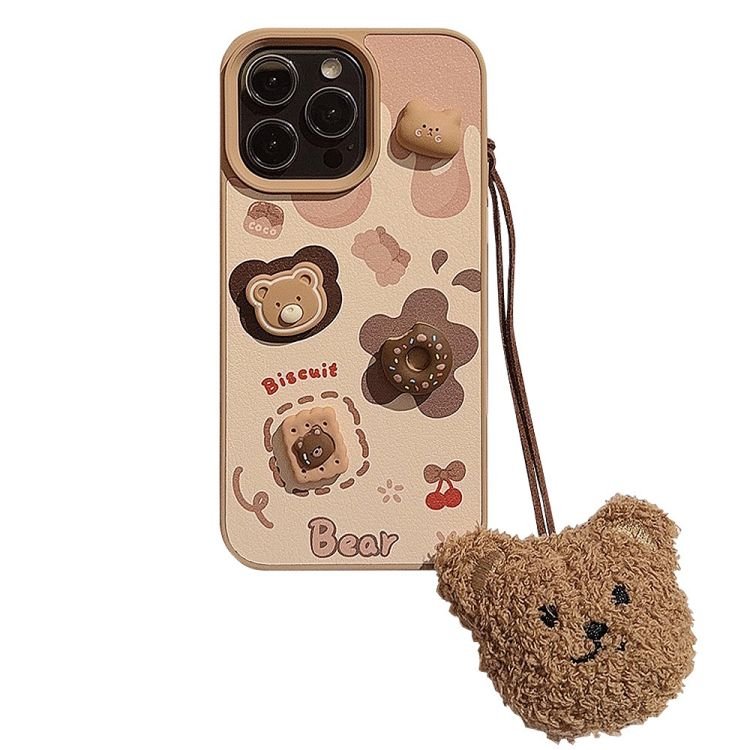 3D Cookie Bear for iPhone 15 Phone Case for 14 13 12 11 Pro Max Cute Hanging Strap Leather Hard Case