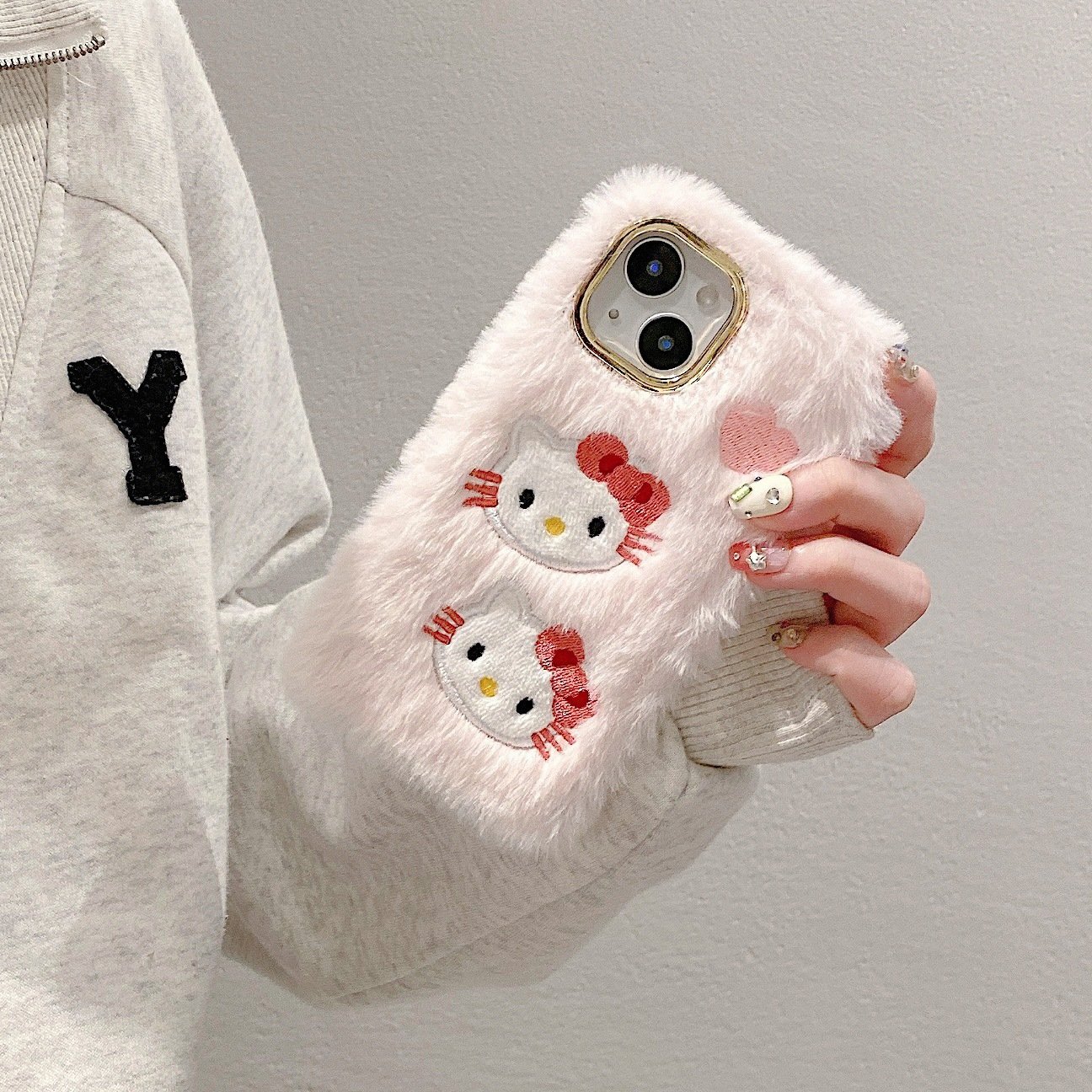 Cute cartoon embroidery Hello Kitty plush winter phone case for iphone 11 12 13 14 15 16 plus/pro/pro max/x/xr/xs max