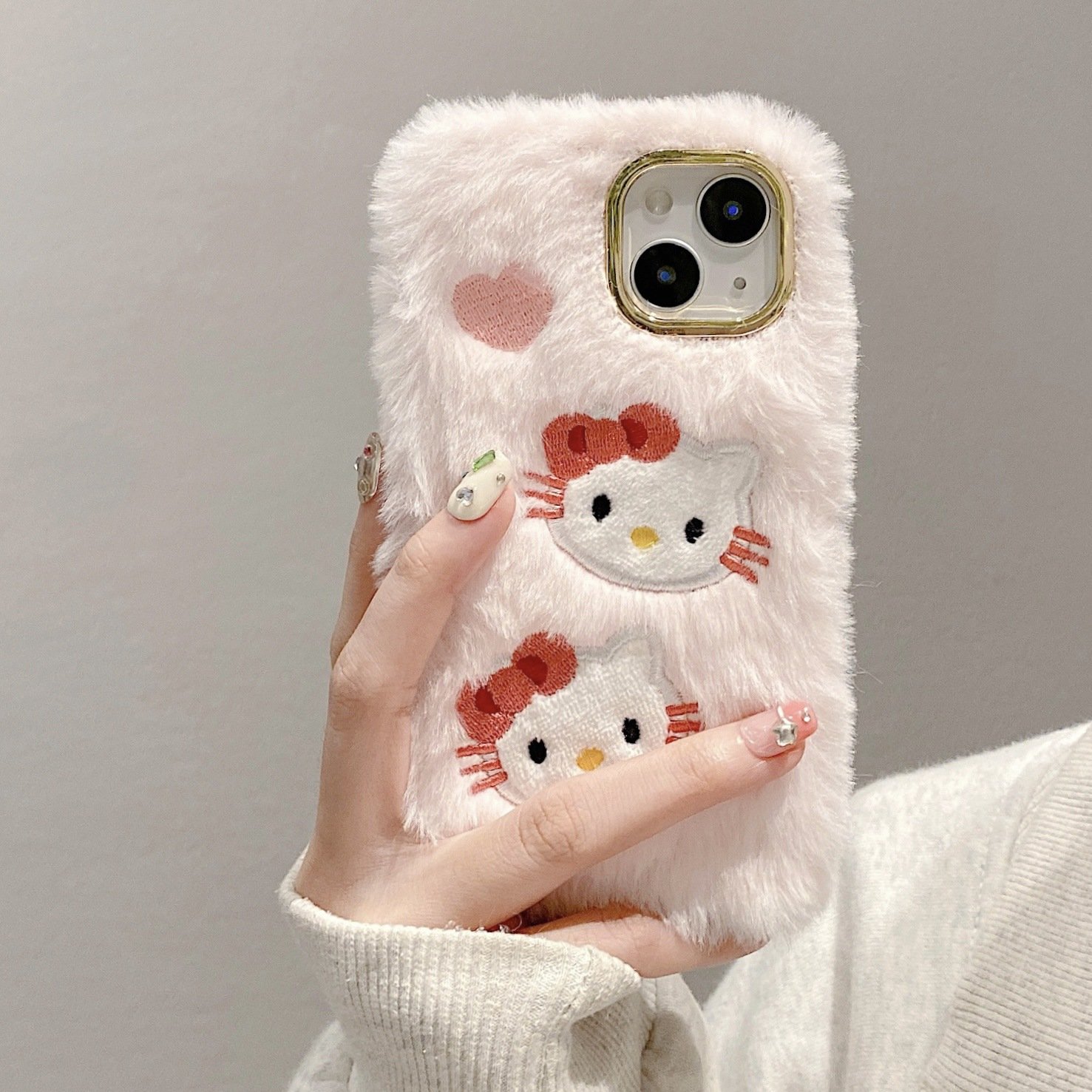 Cute cartoon embroidery Hello Kitty plush winter phone case for iphone 11 12 13 14 15 16 plus/pro/pro max/x/xr/xs max