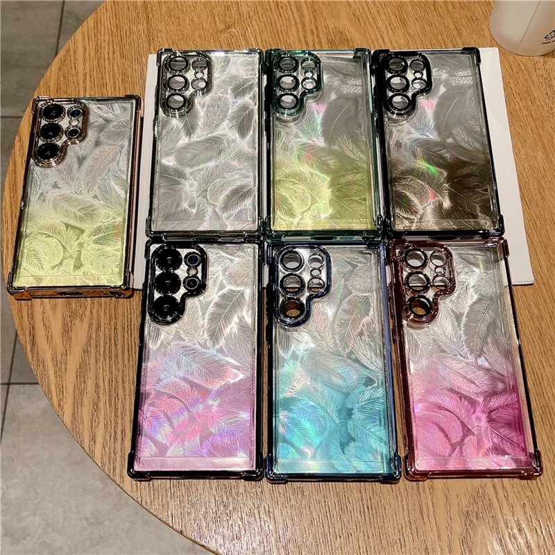 Plating Gradient Feather Transparent Case For Samsung S24 Ultra S23 FE S22 Note 20 Glass Lens Protection Shockproof Soft Cover