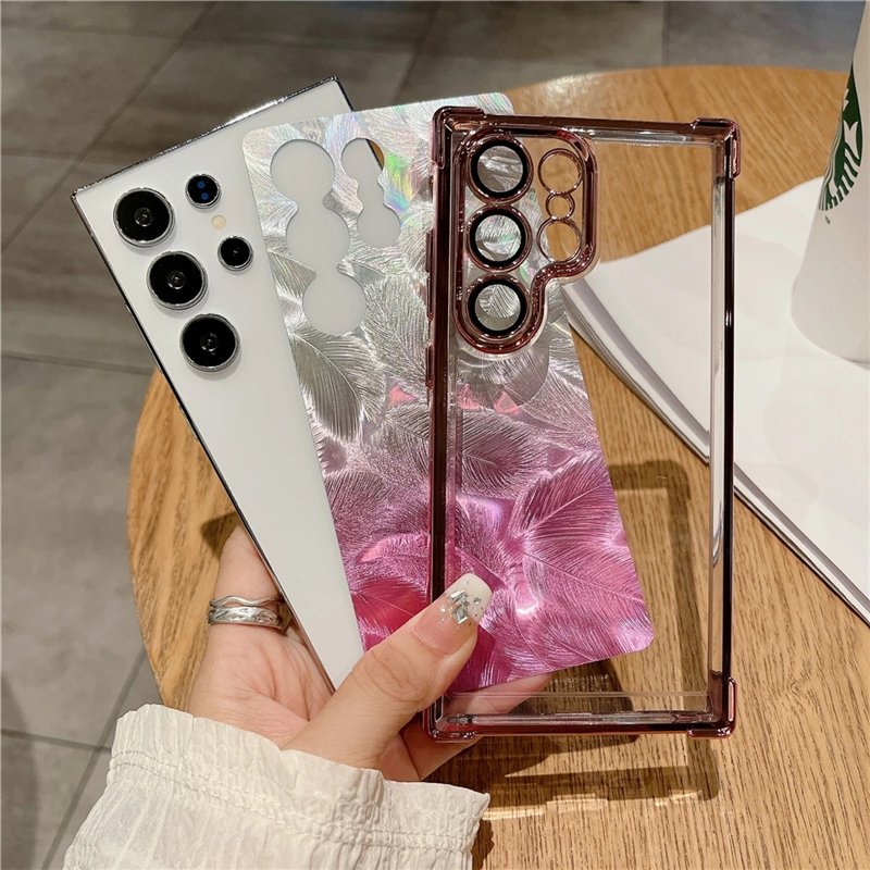 Plating Gradient Feather Transparent Case For Samsung S24 Ultra S23 FE S22 Note 20 Glass Lens Protection Shockproof Soft Cover
