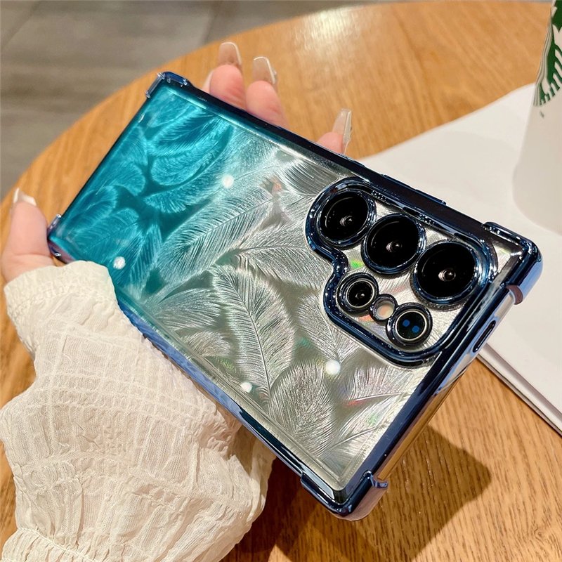 Plating Gradient Feather Transparent Case For Samsung S24 Ultra S23 FE S22 Note 20 Glass Lens Protection Shockproof Soft Cover