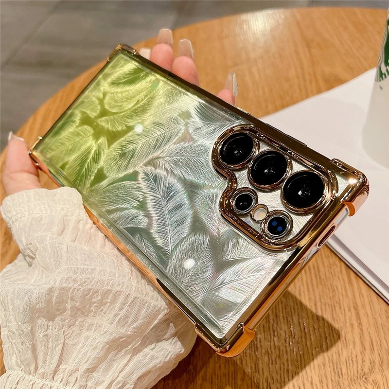 Plating Gradient Feather Transparent Case For Samsung S24 Ultra S23 FE S22 Note 20 Glass Lens Protection Shockproof Soft Cover