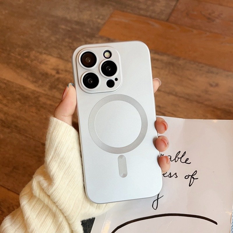 Solid color liquid silicone magnetic suction phone case with lens film for iphone 11 12 13 14 15 16 promax anti-fall back covers