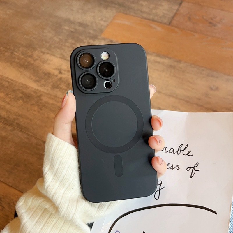 Solid color liquid silicone magnetic suction phone case with lens film for iphone 11 12 13 14 15 16 promax anti-fall back covers