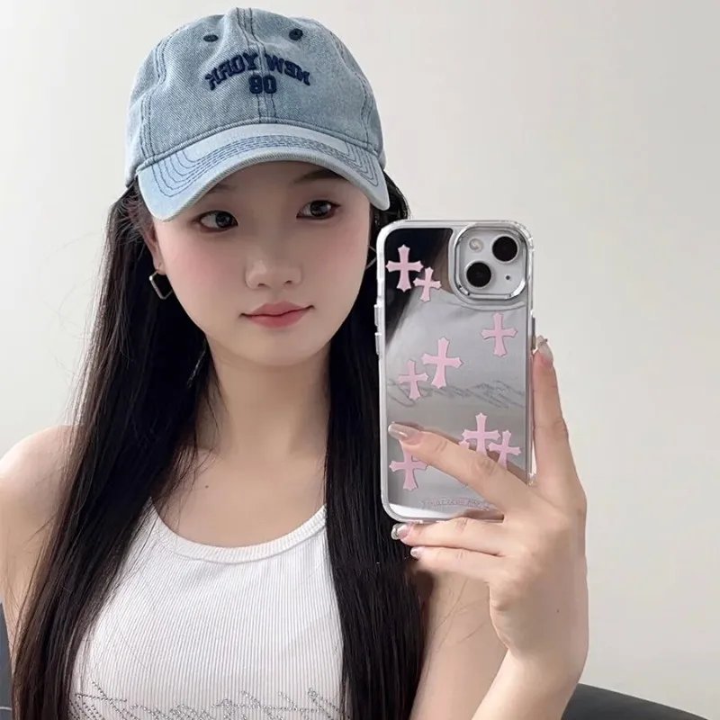 Luxury Pink Jesus Christ Cross Mirror Face Phone Case For IPhone16 15 14 13 12 11 Pro Max Hard Acrylic Makeup Mirror Cases
