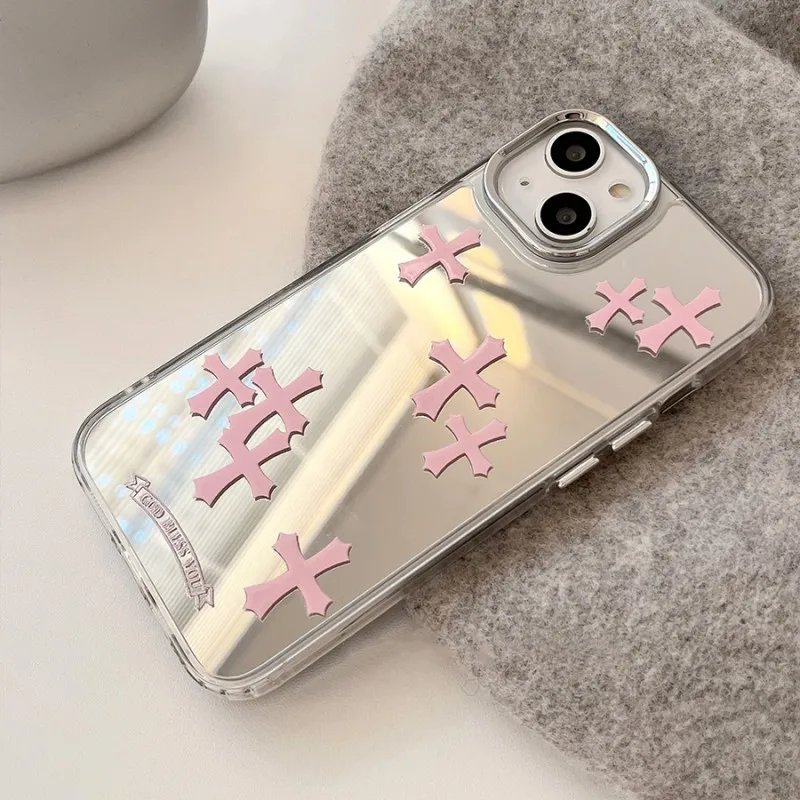 Luxury Pink Jesus Christ Cross Mirror Face Phone Case For IPhone16 15 14 13 12 11 Pro Max Hard Acrylic Makeup Mirror Cases