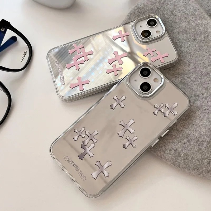 Luxury Pink Jesus Christ Cross Mirror Face Phone Case For IPhone16 15 14 13 12 11 Pro Max Hard Acrylic Makeup Mirror Cases