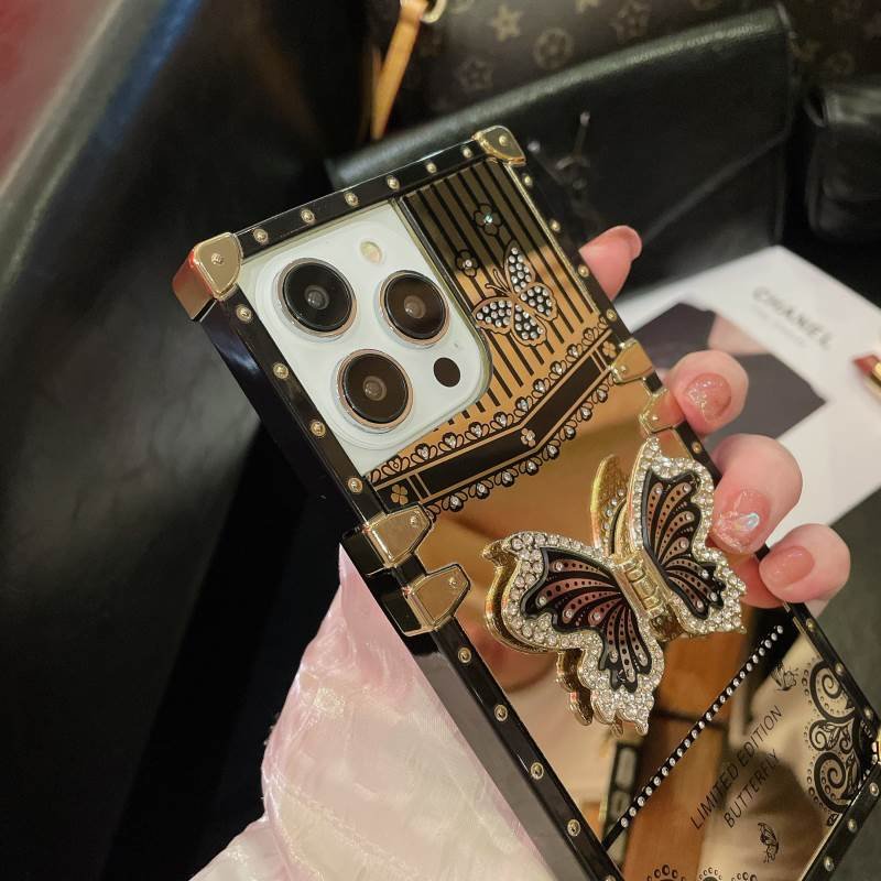 High Quality Fashion Mirror Face Phone Case for iPhone 16 15 14 13 12 11 Pro Max With Butterflies Stand Accessories Cover