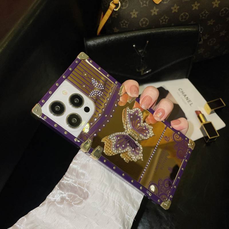 High Quality Fashion Mirror Face Phone Case for iPhone 16 15 14 13 12 11 Pro Max With Butterflies Stand Accessories Cover