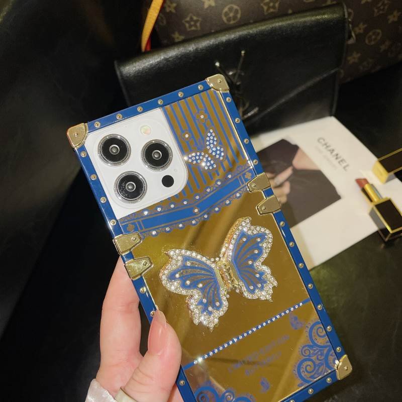 High Quality Fashion Mirror Face Phone Case for iPhone 16 15 14 13 12 11 Pro Max With Butterflies Stand Accessories Cover